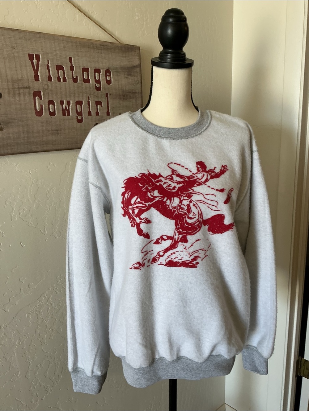 Gildan Gray Crewneck Sweatshirt with Red Rodeo Horse Graphic